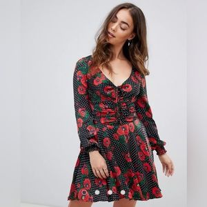 Free People Black Floral Polka Dot Long Sleeve Mini Dress